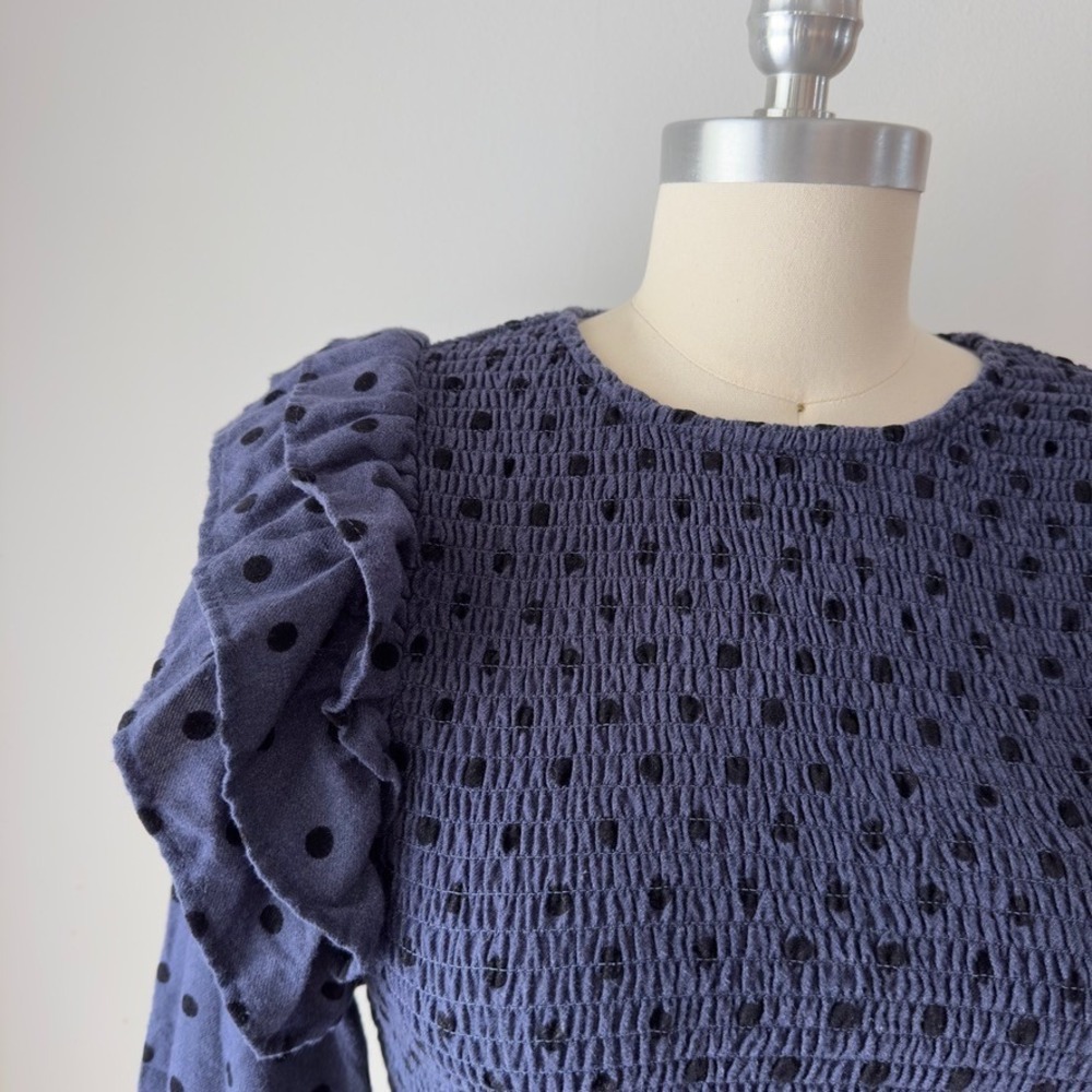 ZARA Polka Dot Smocked Ruffle Crop Top-Long Balloon Sleeve-Boho Festival-Blue - Picture 2 of 16